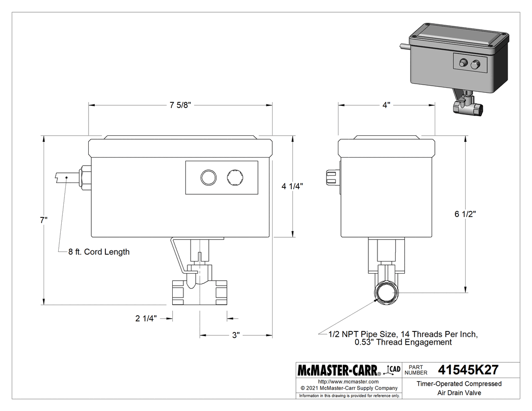 Technical Drawing of Timer-Operated Compressed Air Drain Valve, High-Pressure, 316 Stainless Steel Housing, NEMA 4x, 1/2 NPT Female.